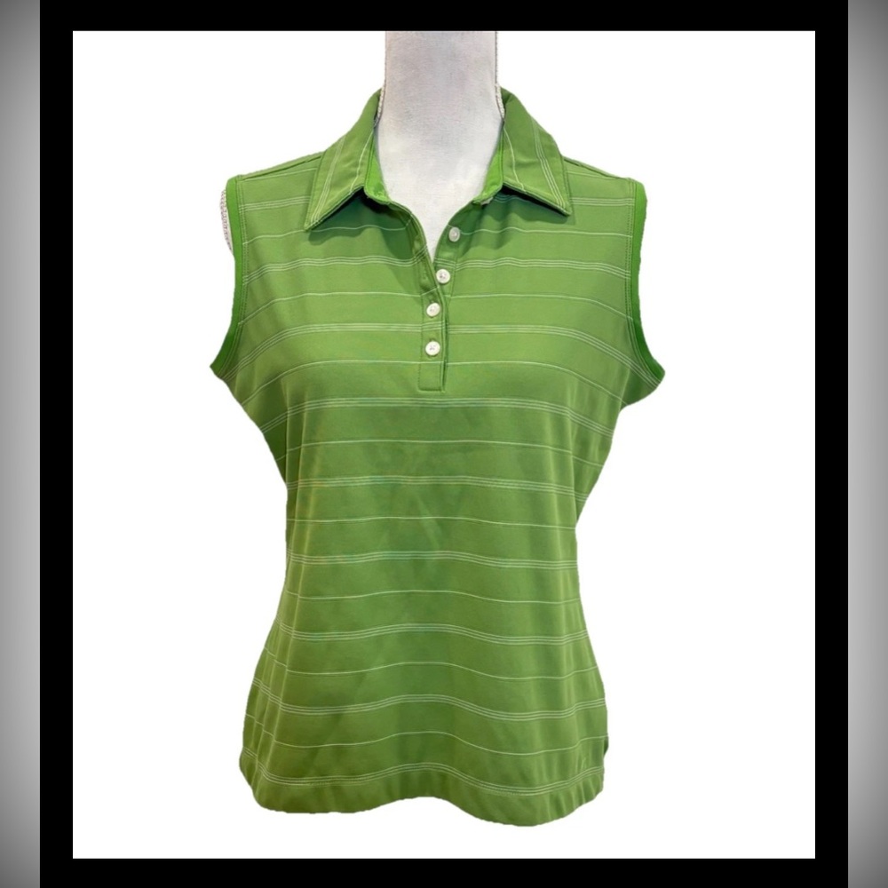 Women’s Nike Golf Dry Fit Green Striped Sleeveless Polo Shirt Size Medium